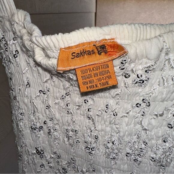 Sakkas Sequin Embroidered Smocked Bodice Knee Length Dress - White - One Size - Picture 9 of 12